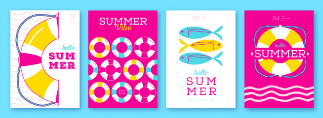 Set of summer colorful  striped sea vacation posters or covers with inflatable swim rings. Summer vibe backgrounds. Vector illustration © annbozhko
