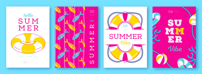 Set of summer colorful  striped sea vacation posters or covers with inflatable swim rings. Summer vibe backgrounds. Vector illustration © annbozhko