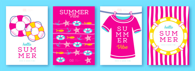 Set of summer colorful  striped sea vacation posters or covers with inflatable swim rings. Summer vibe backgrounds. Vector illustration © annbozhko