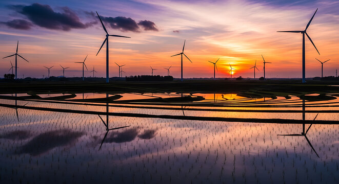 Wind turbines in a flooded rice field at sunset in bac lieu, vietnam