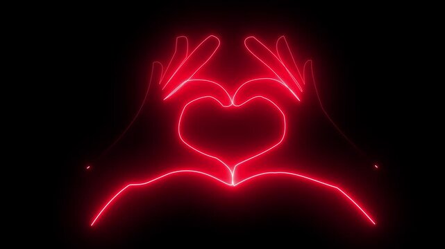 Two hands in the form of a heart neon line animation. Love sign hand drawing animation 4k video