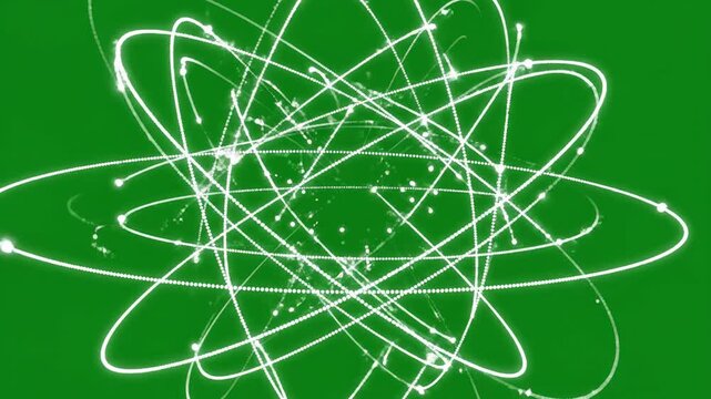 Abstract atomic structure forming with orbiting electrons against a green background clean motion graphics concept