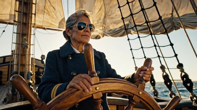 Female captain steering wooden ship wheel during golden hour.
