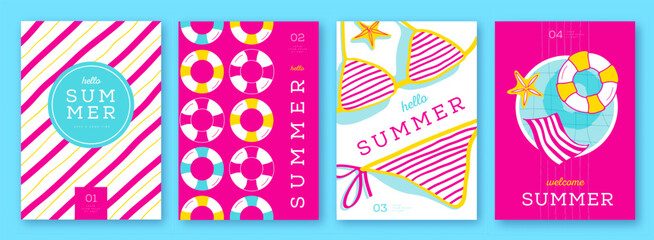 Set of summer colorful  striped sea vacation posters or covers with inflatable swim rings. Summer vibe backgrounds. Vector illustration © annbozhko