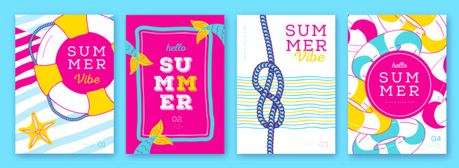Set of summer colorful  striped sea vacation posters or covers with inflatable swim rings. Summer vibe backgrounds. Vector illustration © annbozhko