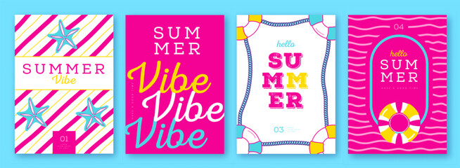Set of colorful summer striped sea vacation posters or covers with inflatable swim rings. Summer vibe backgrounds. Vector illustration © annbozhko