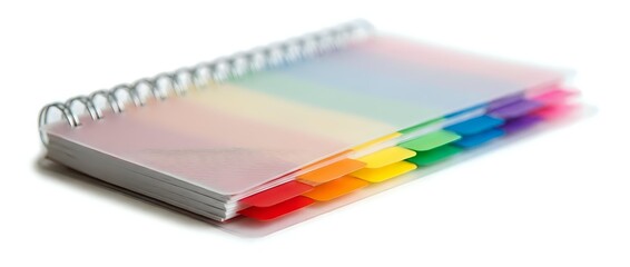 Fototapeta premium Spiral-bound notebook with rainbow gradient pages transitioning from white to vibrant colors, isolated on white background for design, printing, and educational materials.