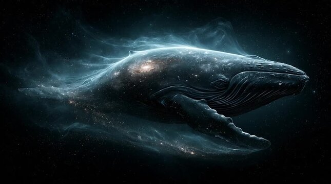 Whale composed of galaxies swimming through deep space, trails of stars flowing behind fins, majestic cosmic scale, ethereal lighting, cinematic space fantasy, immersive and surreal scene.