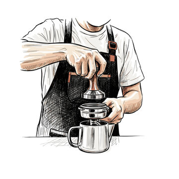 Sketch illustration of a barista tamping coffee grounds into a portafilter at a cafe.
