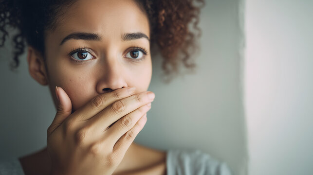 Woman covering mouth with hand and worried expression, bad breath or dental health problem concept, halitosis awareness, oral hygiene, morning breath, anxiety, embarrassment and he