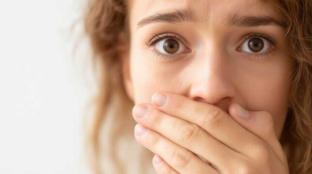 Close-up of anxious woman covering mouth because of unpleasant breath, oral health and hygiene concern, halitosis symptom, dental care, social discomfort, morning breath and person