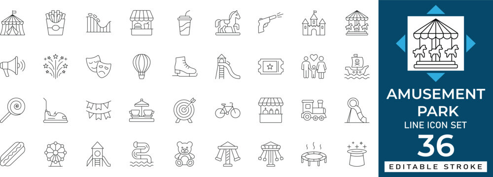 Amusement park line icon set featuring theme park, carnival, attraction, coaster, carousel, ticket, and festival. Professional editable vector illustration for travel app and UI UX design