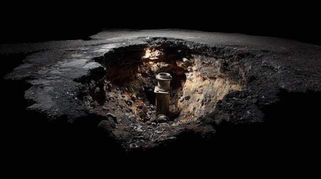Large sinkhole gaping open in asphalt road revealing submerged underground pipe and surrounding earth