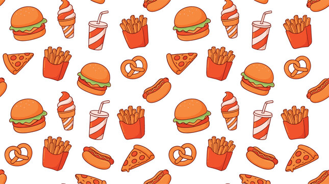 Seamless Fast Food Pattern Vector Background with Hamburger Pizza French Fries Hot Dog Soft Drink and Ice Cream for Restaurant Wrapping Paper