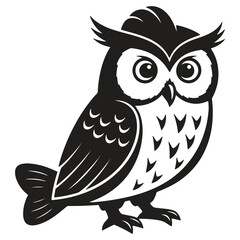 Obraz premium Stylized black and white illustration of a cartoon owl with big eyes and feathers standing on its feet and looking to the side