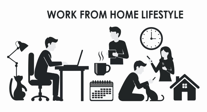 Diverse individuals and pets embrace remote work, aided by technology, home comforts, and flexible schedules