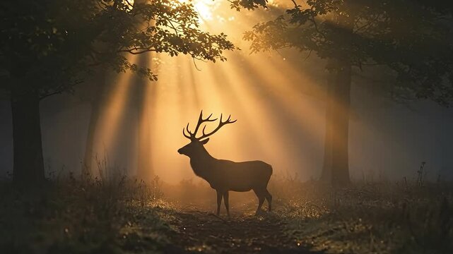 Majestic deer stands in a foggy forest bathed in golden sunbeams.