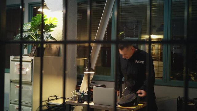 Bored male detainee talking to a police officer through jail cell bars