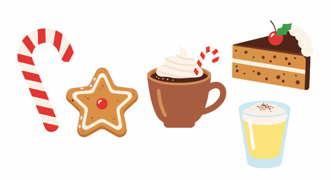 Festive holiday treats including a candy cane, star cookie, hot chocolate, cake slice, and drink