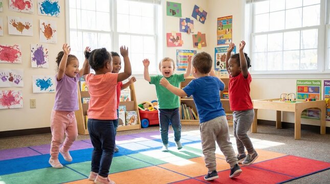 Joyful toddler playtime at nursery school colorful learning environment
