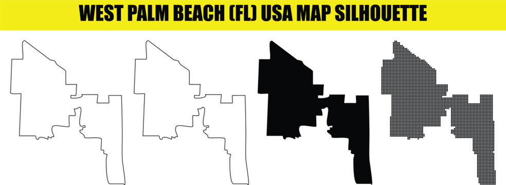 West palm beach florida usa map silhouette vector illustration set with flat outline solid and dotted city shape.