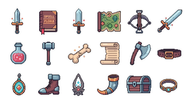 A diverse collection of colorful pixel art icons representing common fantasy RPG items like weapons, armor, and various magical equipment.