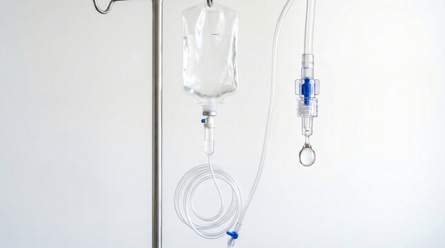 Close-up of an intravenous drip with clear tubing and a transparent fluid bag hanging freely