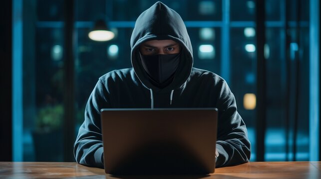 Hooded masked hacker at laptop in dim room, symbolizing digital privacy breach and password theft.