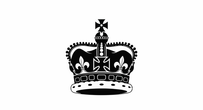 A black and white silhouette of a royal crown, detailed with jewels and ornate crests
