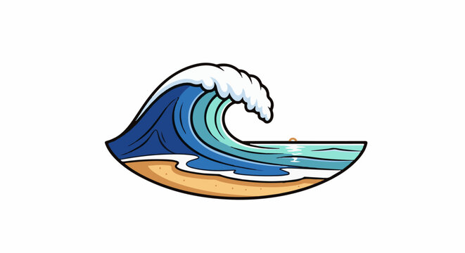 A cartoon wave crashes on a sandy shore with a hint of a sun