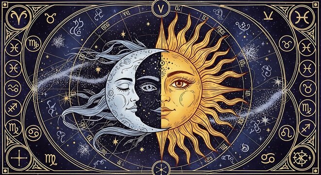Ornate Celestial Sun and Moon Faces Aligned in Zodiac Circle