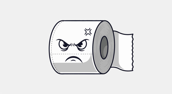 Grumpy toilet paper roll character with an angry face and furrowed brow
