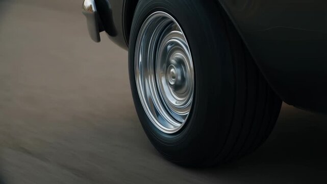 Classic car wheel in motion on highway capturing speed and movement