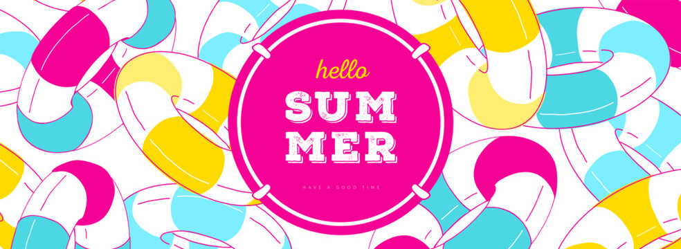 Hello summer poster or bunner with striped colorful inflatable swim rings. Summer vacation background. Flat design. Vector illustration