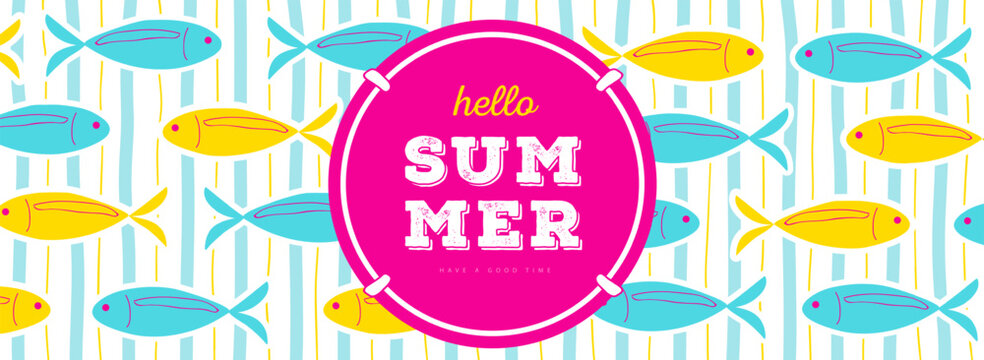 Hello summer  striped poster or bunner with blue and yellow fish. Summer vacation background. Flat design. Vector illustration