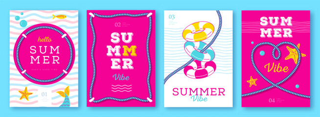 Set of summer colorful  striped sea vacation posters or covers with inflatable swim rings. Summer vibe backgrounds. Vector illustration © annbozhko