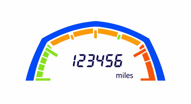 Stylized digital odometer displaying "123456 miles" within a blue, orange, and green gauge
