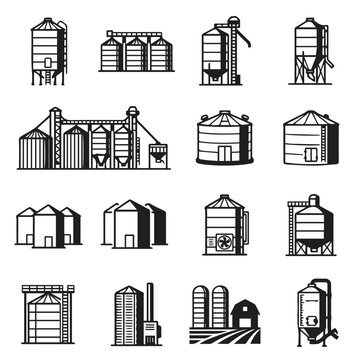 Set of agricultural grain silo and storage facility icons with agriculture