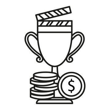 Trophy cup movie clapperboard black vector element features cinema finance success. Video production highlights premium blockbuster profit.
