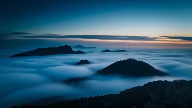 Smooth cool glow behind dark drifting fog layers moving downward with soft atmospheric depth