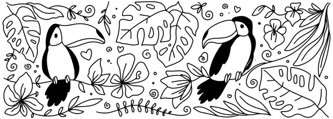 Vector illustration template for a mug with tropical plants and animals, including a toucan bird © Yuliya
