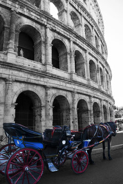 Rome colosseum landmark with traditional horse carriage in foreground