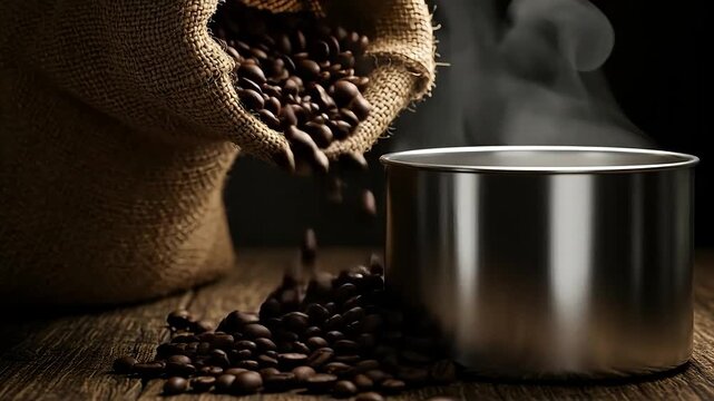 Hot coffee beans spilling from a burlap sack into a metal cup with steam.