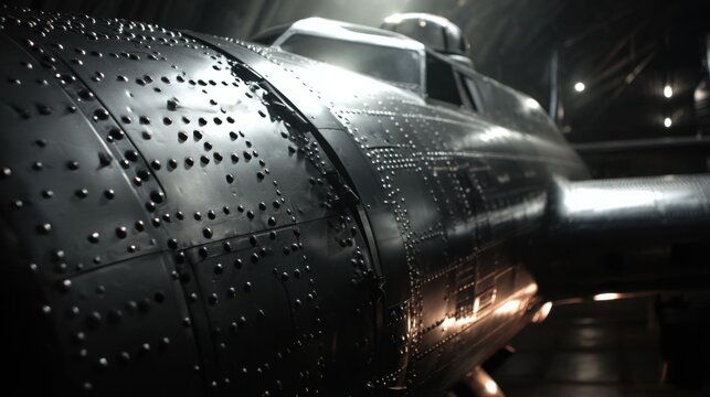 Close up of a dark, riveted metal panel on a vintage bomber aircraft showing intricate construction details.