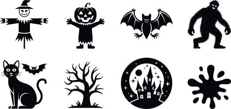 Black halloween set featuring scarecrow, pumpkin, bat, bigfoot, cat, tree, castle, and splat