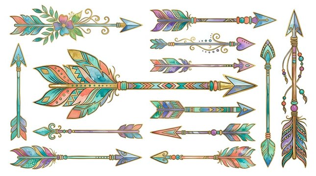 Decorative feathered arrows with ornamental tribal patterns and colorful boho details, isolated on white background for design projects, invitations, and crafts.