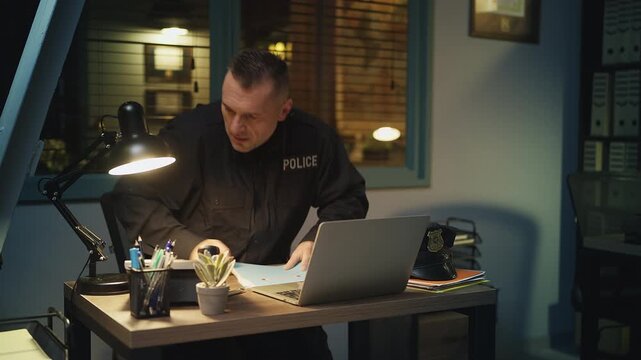 Serious police detective finishing his desk work and rushing to a crime scene