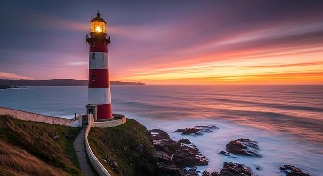 Red and white lighthouse glowing on a coastal cliff at sunset