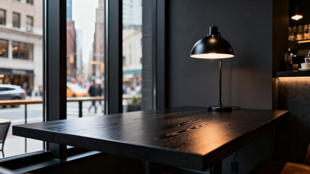 Modern dark toned coffee room featuring a stylish dark table in an urban setting, creating a sophisticated atmosphere with elegant interior design, contemporary decor, cozy ambiance, and refined archi