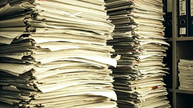 Stacks of messy paper documents create a cluttered and disorganized office scene.